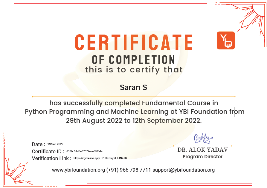 YBI Foundation Certificate