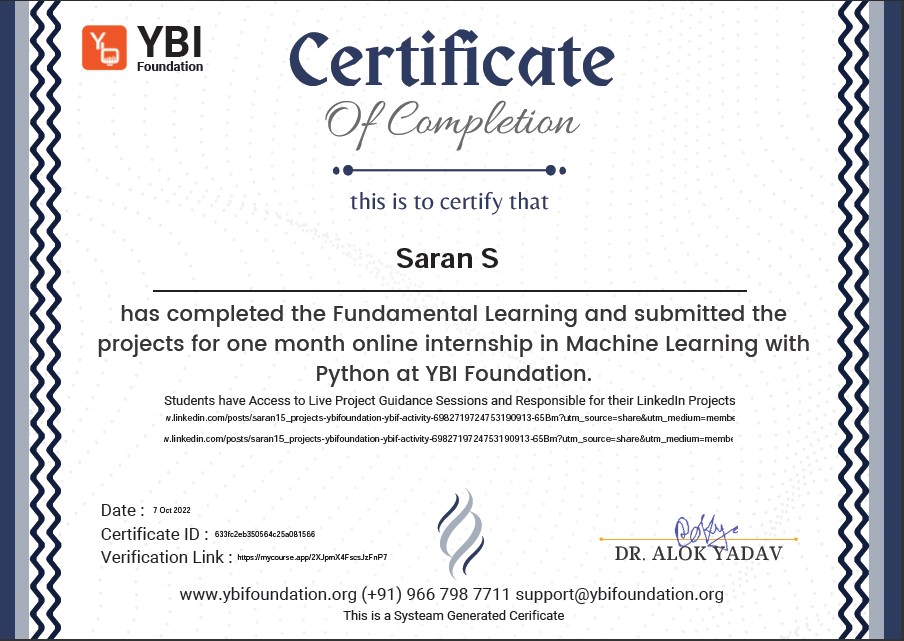 YBI Foundation Certificate